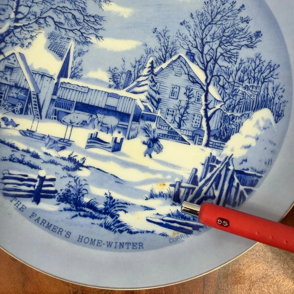 Currier & Ives The Farmers Home Winter Blue White Transferware Plate Japan